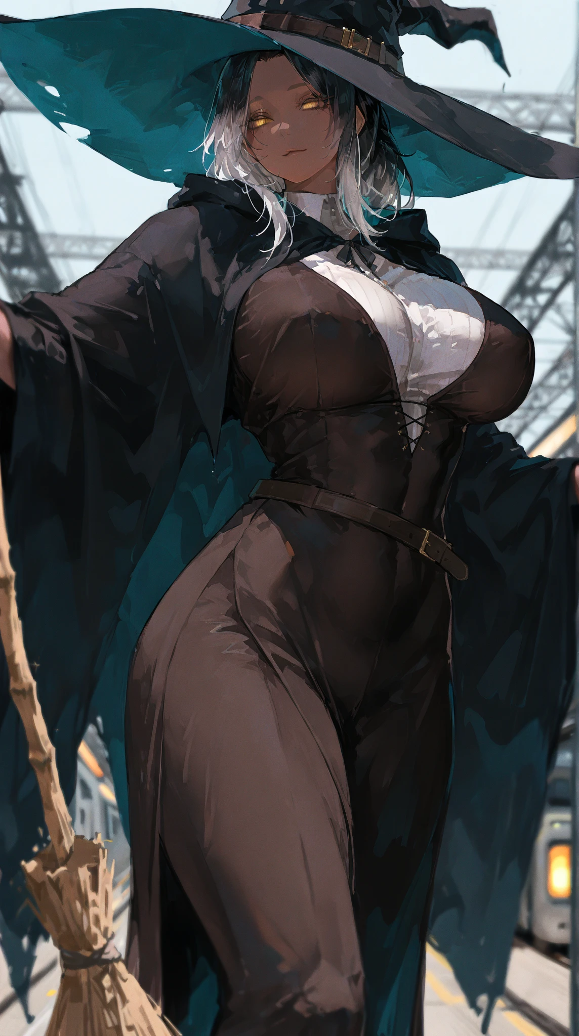 4K,High resolution,one woman,dark blue hair,long hair,yellow eyes,wizard,big breasts,gray tight school swimsuit,Grey boots,Gray cloak,Gray hat,wooden cane,medieval town