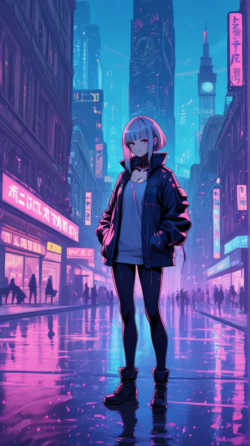 Young adult Asian woman with shoulder-length white hair, violet eyes, scar on the face on his cheek and nose. She wears a gray hoodie and black leggings, cyberpunk anime style