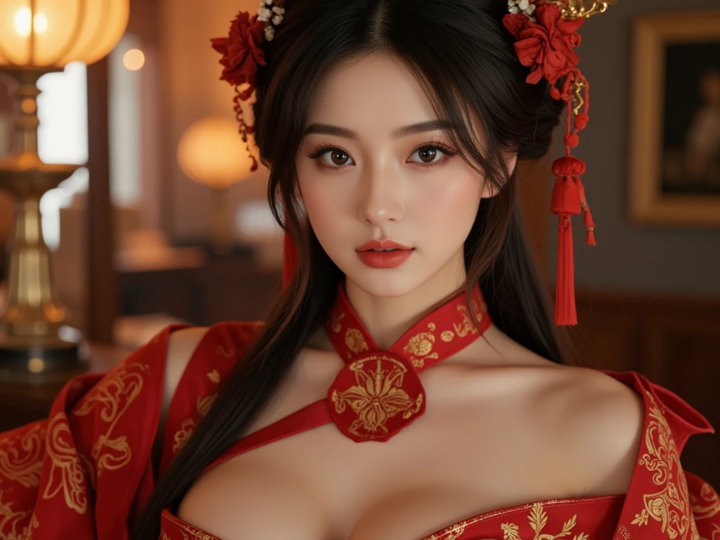 god々A beautifully and gorgeously decorated courtesan,She is a very elegant and beautiful 18-year-old girl.. Her face is richly decorated.