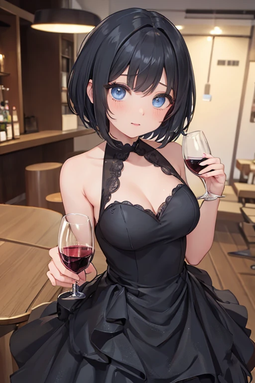 childhood friend,Short Hair,Black Hair,Thick eyebrows,Single,{masterpiece},{high quality},{Super detailed},{Perfect Face},Wedding dress,wedding style,Disclosure Feast,Have a wine,Smiling
