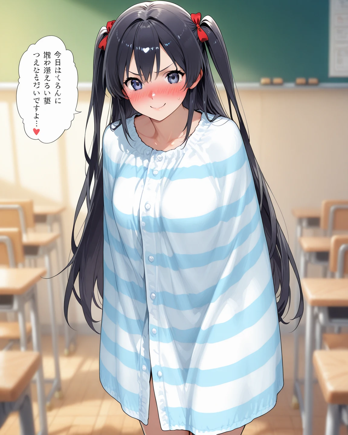 score_9, score_8_up, score_7_up, source_anime,
Komi shouko,
1girl, ((shy)),
Black hair, long hair, purple eyes, collared shirt, white shirt, (red skirt), striped skirt, ((thick tights)), big ,
standing, looking at viewer,
indoors, classroom, blurry background, (undressing skirt), ((bra)), ((((blush)))), bend over, ((ashamed)), panties