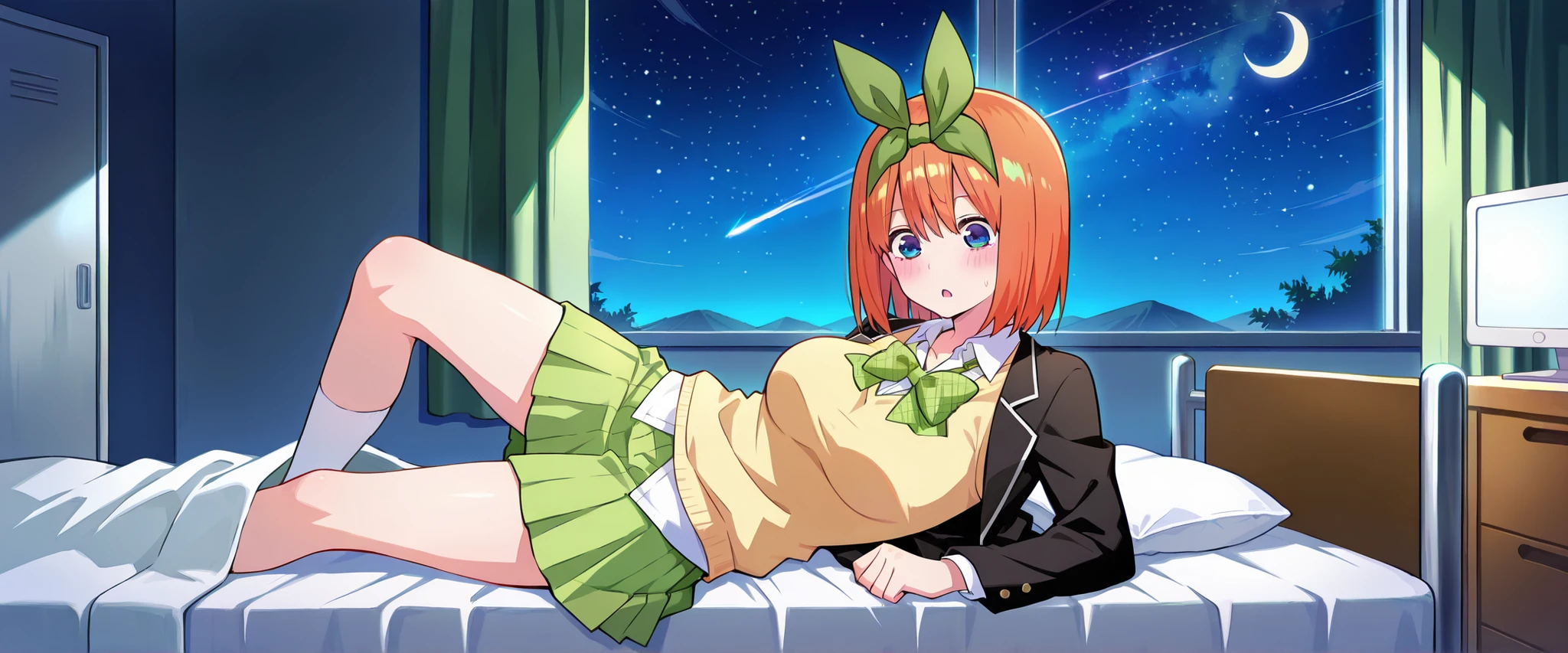 1girl,depression yotsuba, large breasts, orange hair, blue eyes, short hair, hair between eyes,green bow hairband, black blazer, open blazer, yellow sweater vest, white collared shirt, bowtie, plaid bowtie, green skirt, pleated Infirmary,bed,screen,lie down on a futon,knee up,crescent moon, star (sky), dark room, night sky,