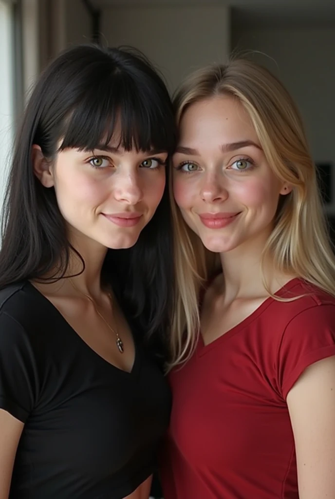 30-year-old dark skinned Vietnamese woman named Biena and, her pale white American lover with icy blonde hair named Estella, rival college students, lazy girls, very feminine, (hugging each other tight, squishing their bodies together, slow dancing, hanging in her arms, flowing together, leaning on each other), gazing at each other, eyes averted, in love, lusting after each other, having sloppy sex together, (detailed dorm room background, dark room, blinds closed), (( Estella is a pale white American woman, icy blonde hair tied up in a pony tail, bangs over forehead, lots of freckles all over her body, red cheeks, red nose, eyeliner, white skin, slim body, fit body)), ((Biena is 30-year-old, sexy blasian woman, black short and straight hair, bangs, almond eyes, dark brown blasian skin, black asian skin, suntanned skin, black skin, onyx skin, ebony skin, tattoos on her body, thick thighs, slightly chubby)), ultra-realistic photo, feminine features, ((both have very different facial features, ethnicities, and skin colors)), ((wearing hooded sweatshirt, school name on front of sweatshirt, maroon or gray sweatshirt)), conjoined, 2 heads, different heads, different skin colors, vitiligo, harsh mixing, clear boundary where skin color changes, smooth transition, contrasting skin colors