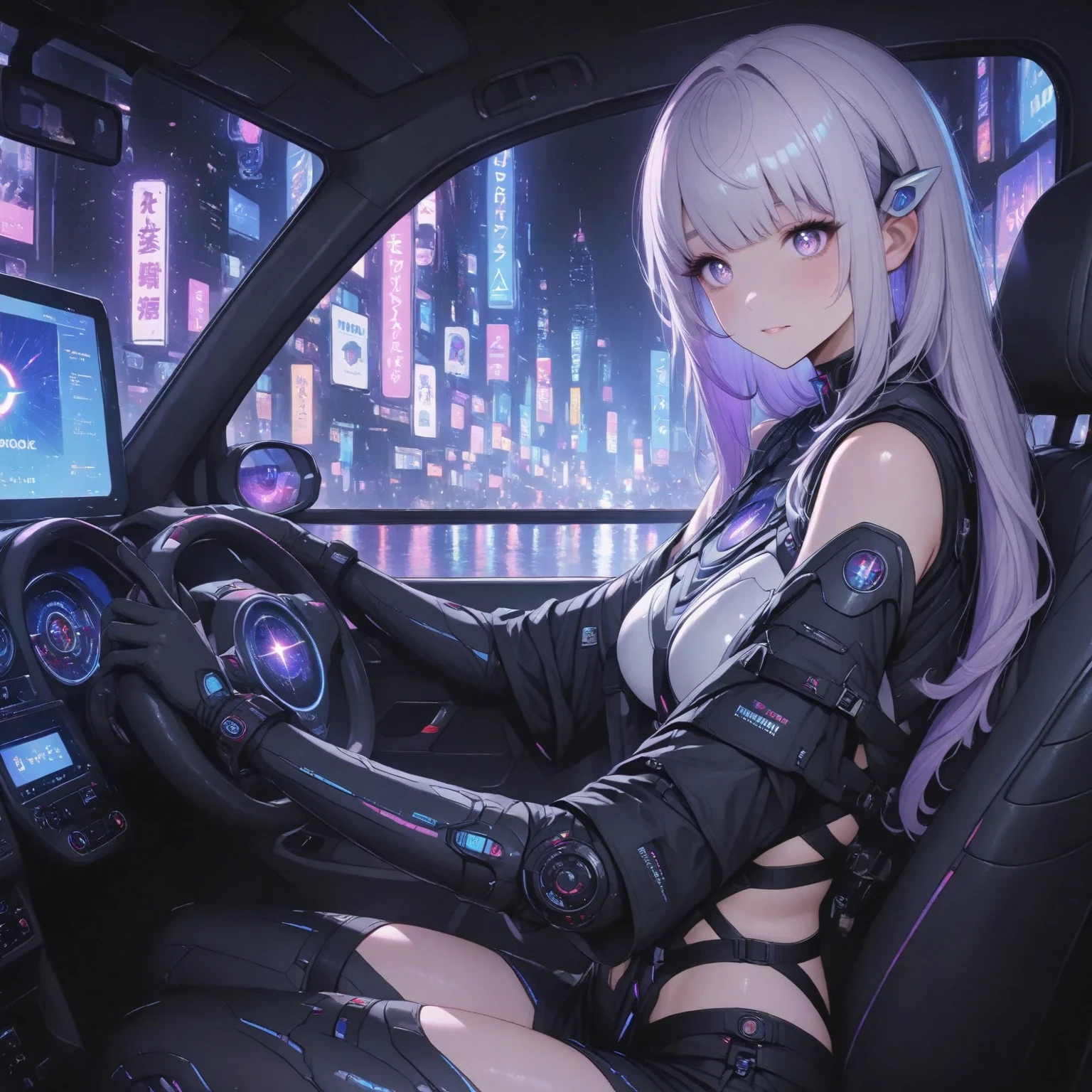 there is a beautiful women standing next to a red car, in the cyberpunk countryside, black hair, touge, drifters, night time, night, ambient, Sexy Woman, mentor, teacher, Empty room, Alone, covert, risky, Mischievous, Seductive, Sultry Pose, Lustful look, Revealing clothes, remove, unbuttons, realisitic、tits out、Cyberpunk、cleavage of the breast、Beautifully shaped breasts、Raw feet、Cyber City、natta、nightcity、look up sky、Look up、Take your eyes off、((top-quality)), (high-detail:1.3), 3D, Beautiful fece、mechanical suit、Near Future Cyber Suit、Red Black Cyber Suit、Red-Black Robot Costume、Right arm is mechanical、Right-arm robot、Silvery hair、Silver-haired shortcut、eye glasses、Straddling a robot chair, (((masutepiece)))), (((Highest Quality)))), ((Ultra Definition)), (Very Detailed Photoreality), (Delicate and Pretty Face), Cinematic Light, (((1 Machine Girl)), Solo, Full body, Big, Cleavage Is Visible Skin, White hair, Purple eyes, Luminous Eyes, (Mechanical joint: 1.4), (blood vessels connected to tubes), (( Mechanical vertebrae attached to the back)), ((Mechanical cervical spine) Attached to the neck)), (((Sitting)), (Wires and cables attached to the head and body: 1.5), (Character Focus), Small LED lamps on the body, Evangelion, nffsw, Metallic body, Detailed neon, Alaf woman in tight shorts and tight stockings walking down the street, in a street, pantyhose tights, hotpants, tights, tights, Wearing tight simple clothes, Slim legs, denim hot-pants, Hot Pants,