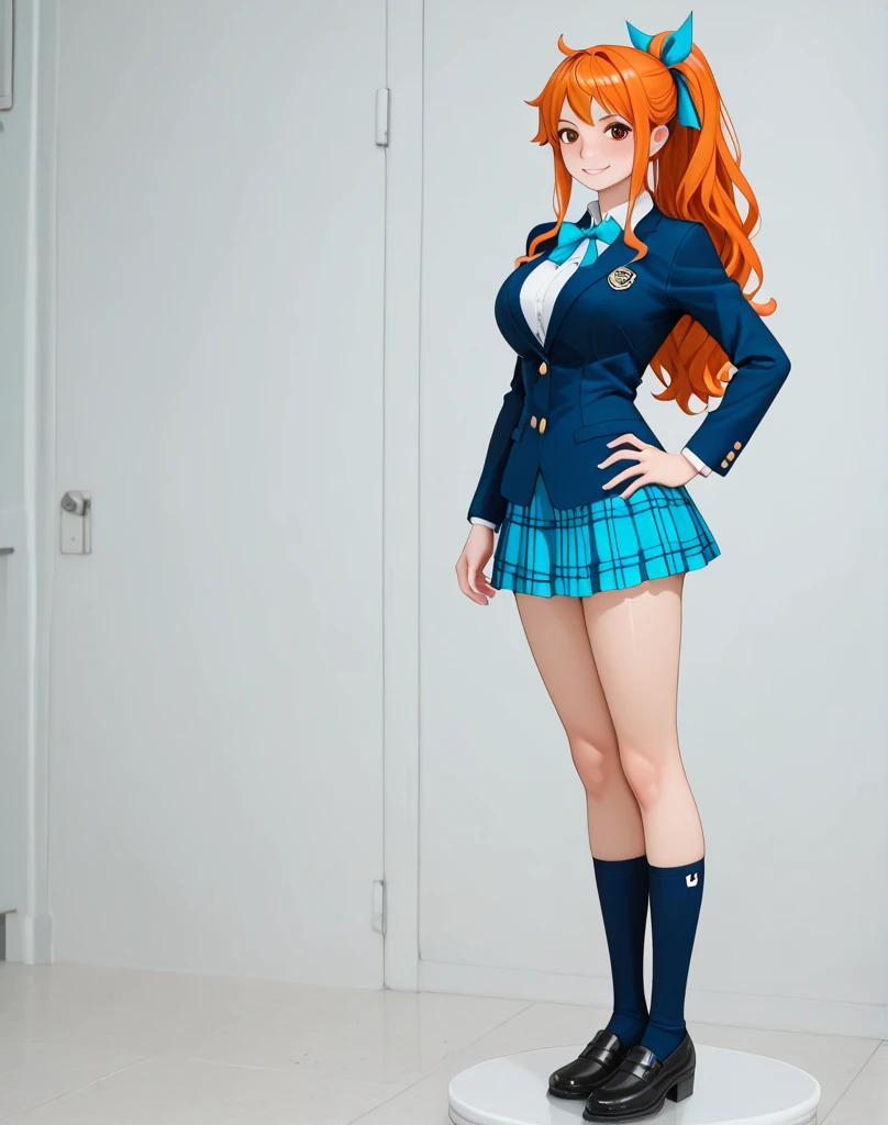 8k, masterpiece, best quality, realistic, higly detailed, cowboy shot, 1girl, solo, Itsuki Nakano, serious looking girl, medium-length hair, expressive ahoge, reddish-orange hair colour, a pair of star-shaped hairpins near both of her eyes, dark blue eyes, average height, well-endowed figure, wears glasses, cute, Cheerleader