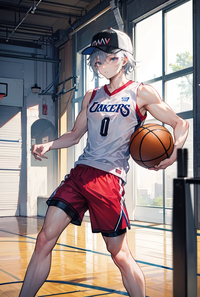 shaggy，Light blue hair，bodyfur，basketball playground，basketball suit，sat on the ground，Wear socks，White  socks，catss，sunlighting，Look at the feet，Focused，pale blue color eyes，Cat nose，a warm color palette，AOEU，AOEU，Heavy sweating，Screen-centric，Socks are opaque，dirty socks，Normal expression，The sun shines on the body，hand on leg，Highest picture quality，Delicate painting style，Delicate hook lines，Masterpieces，Fine skin，Delicate hair，Delicate hands，Delicate eyes，Handsome，Cat style，Blue pupils,, Dappled light and shadow,White fur，Protruding crotch