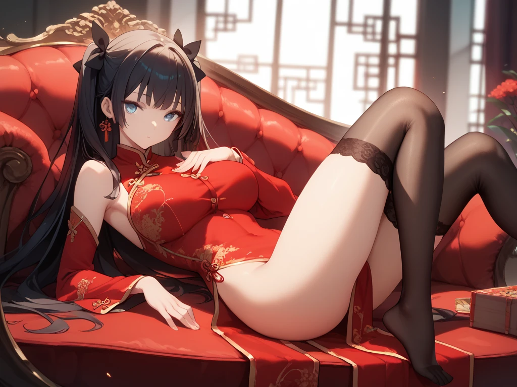 A woman wearing red Chinese costume with gold details, large breasts exposed, thighs exposed, women's long brown stockings, long black hair, red eyes, white fur cape, golden bow on her head, golden flower in her hair, smiling, walking in a Chinese palace traditional, full body, (place at night) Chinese lamps around, bokeh effect, bloom, 8k, super detail, ccurate, best quality, UHD, anatomically correct, textured skin, high quality, highres, best quality ( solo woman)
