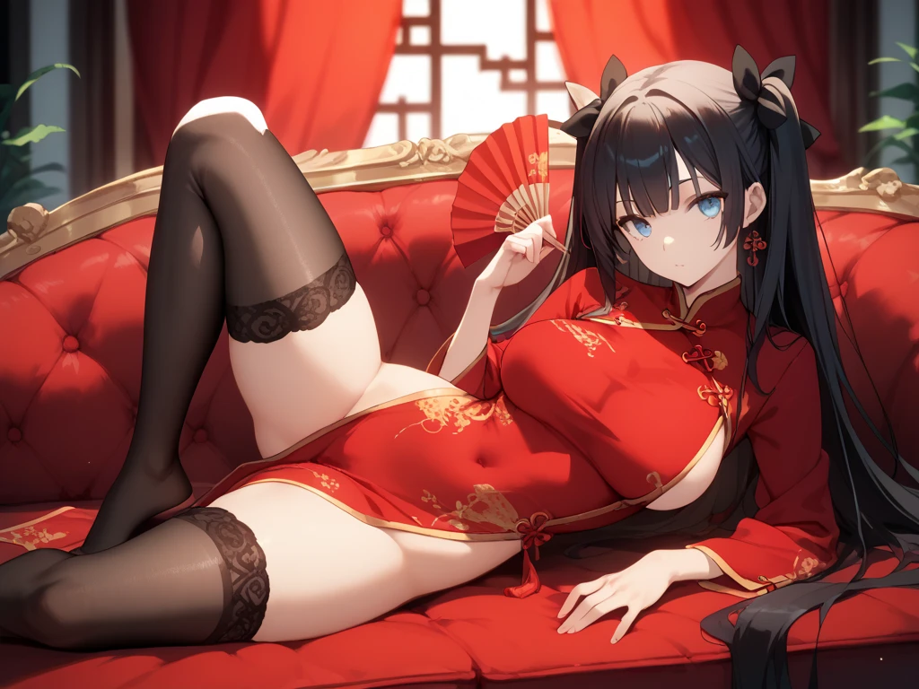 In front of the huge Chinese Taoist temple,Seductive woman in gossip robes,big breasts exposed cleavage,Tights,black lence stockings,Seductive expressions,Bunched hair,Rope decoration,Full body detail 4K,Dreamlike,and its detailed full-body detail 4K