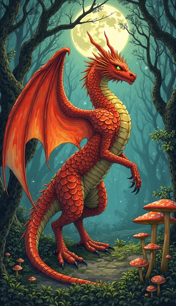 (hybrid,  colorful sketch , vibrant colors, Ultra-detailed), hybrid de Homem com Dragão, Athletic body with red wings, Create an ethereal portrait of a mystical forest Dragon,  embodying the spirit of a creature from Final Fantasy . (The Dragon is portrayed with a shimmering red and yellowish striped scale, casting an enigmatic glow in the faint light of a moonlit forest. Her eyes are a vivid, haunting emerald yellow,  transmitting wisdom and an indomitable ferocity .  The surrounding environment is an exuberant , Fantastic , com imponente, twisted trees and slightly shiny mushrooms Hovering the forest floor. The shape of the Dragon is majestic and surreal,  integrating perfectly with the dreamlike environment .)  in the style of Yoshitaka Amano ,  employing elements of dark fantasy art ,  capturing an artistic and mysterious atmosphere . The composition must counterbalance the Dragon's imposing presence with the intricate fantasy forest,  using delicate , sinuous lines and a play of light and shadow to enhance the supernatural atmosphere.  The atmosphere must be one of reverence and wonder ,  as if the spectator were finding an ancient ,  mythical guardian of the forest . retrofuturist, serious face, Reddish-orange pupils, anatomically correct, intricate details, depth of field, detailed background, excellent quality
