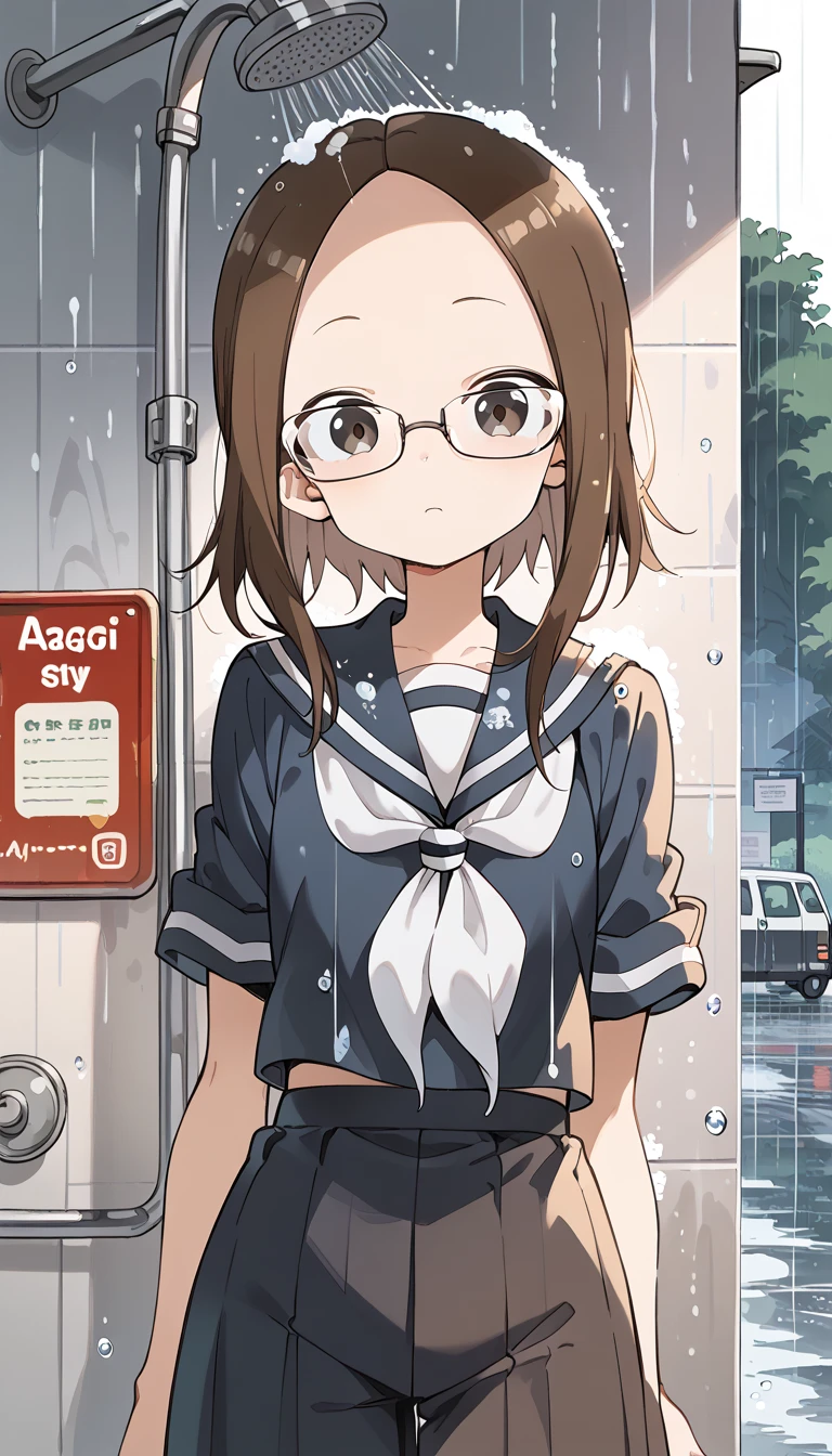 a girl，Wearing black thick-rimmed round glasses，Coffee-colored hair，Wavy double ponytail hairstyle，short minidress，Background is sky，Jump up，hands raised，Legs sensual，Leaping，Pink panties。Wide-angle lens, low angle looking up shot, Delicate pixel game style，Backlight