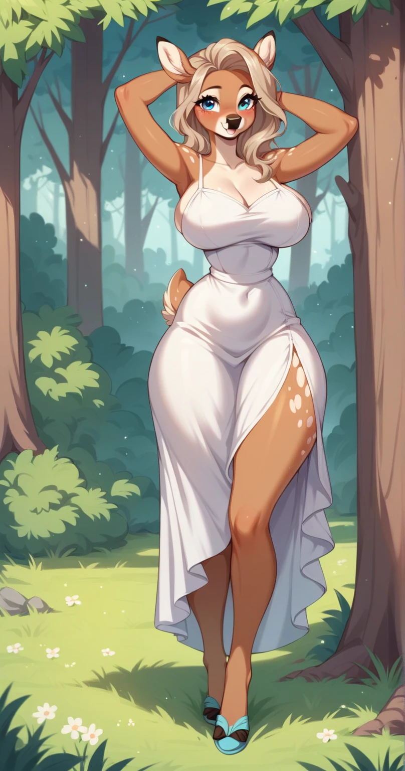 beautiful and detailed portrait 1 solo, (((female))) female anthro-fox, kenket, Ross Tran,Ruan Jia, ((fox ears)),((fox tail)),((orange skin)),((cute)),large breasts, cleavage,((long blonde hair)) leaning forward, arousal, rear vision, ((green eyes)), (((average ass)), (((large curved thighs)), sexy smile facial expression, background of a grove, very detailed, attention to detail, hi res, high resolution, (( sun hat)), (( short white dress )))), (((lacy white panties)))), ((((high lacy white socks)))), (((tail should be shown)))
