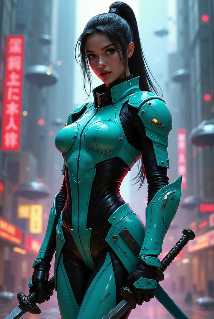 Beautiful female in futuristic attire holding a sword, in the style of movie still, snapshot realism, light green and white, fujifilm eterna vivid 500t, chinapunk, cyberpunk realism, poolcore --ar 73:111 --stylize 750 --v 6