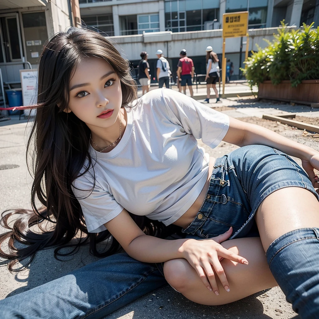 Best quality, masterpiece, super high resolution, (realistic: 1.4), original photo, (evening street), 1 girl, black eyes, looking at the audience, long hair, light makeup, lips, small ears, white t-shirt, denim shorts, earrings, sitting Ferrari, big breasts, slim