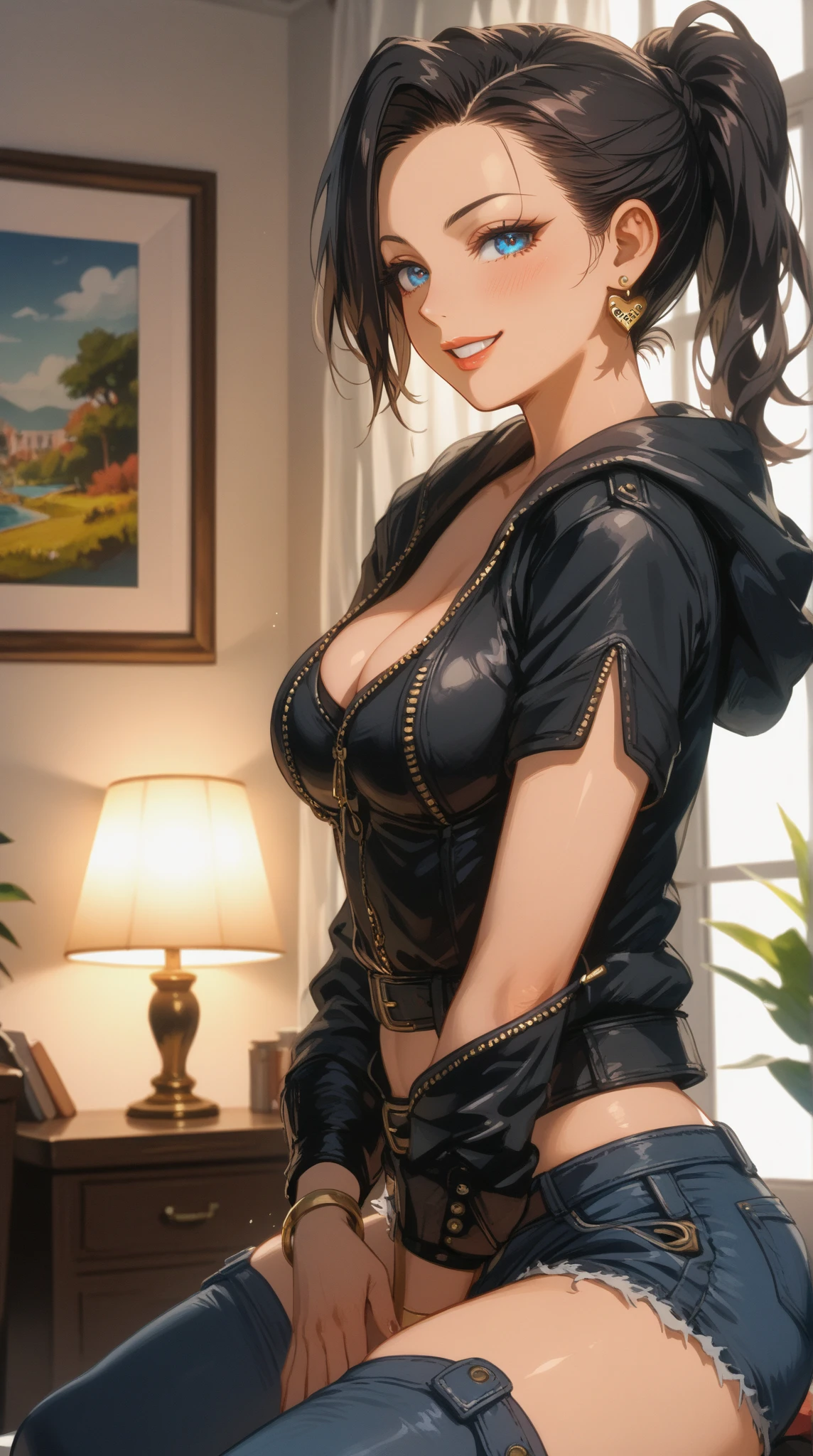 masterpiece, Best Quality, 1 girl, ((teacher appleberry )), Dark brown hair, kindergarden teacher, ((Brown leather:1.5)), (dark brown eyes: 1.3), Long hair, ((braided ponytail over the shoulder)) , (side parted hair), a loose lock, Brown skinned woman, BRUNETTE WOMAN mouth closed, long eyelash, is coming, Latex cutting cap, latex shorts,