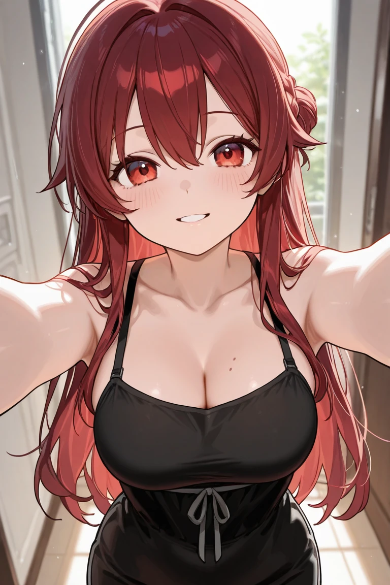 masterpiece, best quality, power, looking at viewer, orange hair, red eyes color, large breasts, upper body, portrait, looking at viewer, seductive smile,both hands raised, armpits, armpits visible, sweaty armpits,