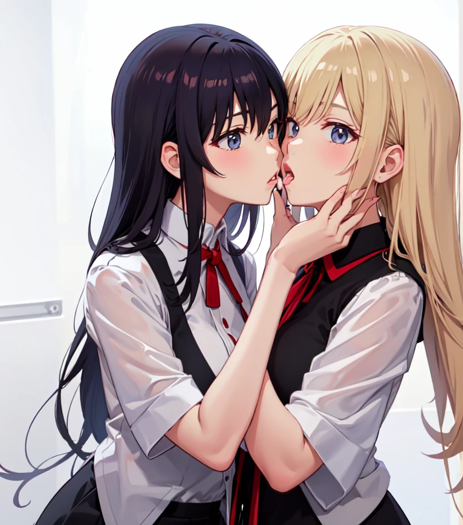 (High quality, High resolution, Fine details), anime style, (kiss, french kiss, tongue kiss), (Two women in school uniform kissing), curvy women, sparkling eyes, (Detailed eyes:1.2), smile, blush, Sweat, Oily skin, shallow depth of field
