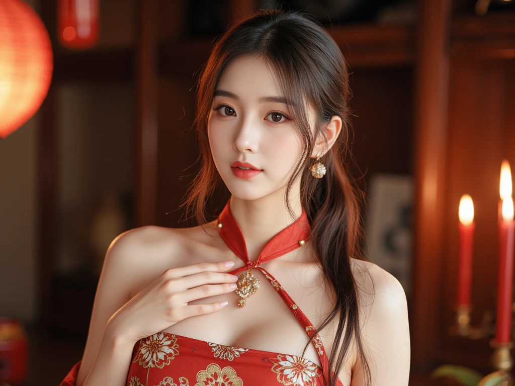 A Chinese woman wearing a cheongsam,
(((masterpiece))), ((best quality)), ((Intricate details)), ((surreal)), H, milf, mature woman, view, Very detailed, illustration, 1 girl, ((huge breasts)), perfect hands, Detailed fingers, Beautiful and delicate eyes, hair tied up, brown eyes, ( Sexy Chinese style dress:0.9), earrings, Detailed background, perfect eyes, seductive eyes, looking at the audience, from the front