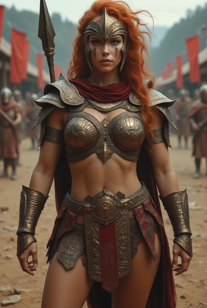 A naked tanned red-haired woman warrior with dark red hair, her skin is dripping with sweat and is dirty, filthy, and with large bloodstains, She has a deep sword wound on her left shoulder, dressed only in an animal skin loincloth, and an energy sword attacked by a two gladiators. very dramatic, cinematic shot, shot from a movie, cinema composition shot, very detailed, high resolution, professional color, wonderful light, daylight, 300k resolution, highly realistic, lots of details.