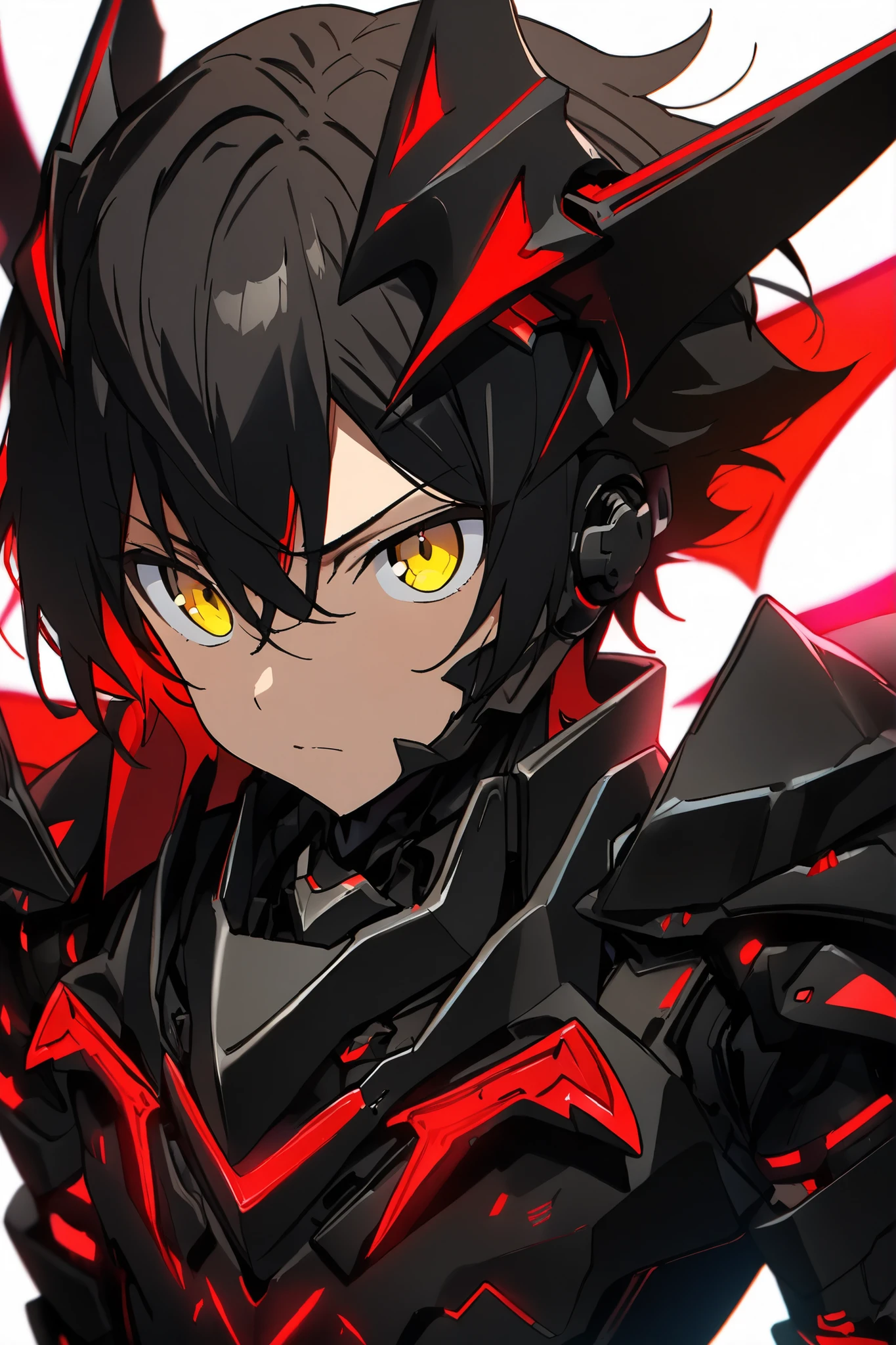 [(WHITE BACKGROUND:1.5),::5], ((masterpiece)), high quality, ultra very high resolution, full color, ((solo)), ((younger boy)), Black cyborg armor, Devil head gear, (Devil armor), ((Devil mechanical Wings)), ((men's Black hair)), (Red Inner hair), (yellow eyes), anime, (upper body), Red neon light,