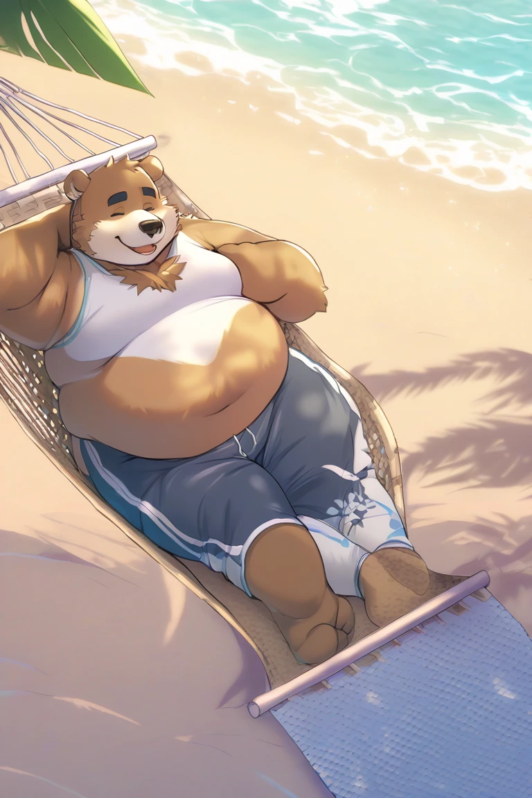 New Jersey 5 Hairy, Bear，full body portrait, male,exquisite， chubby，thick arms，plush fur，back，Lie down with your back to you，beach，white shorts，sweating，Smile