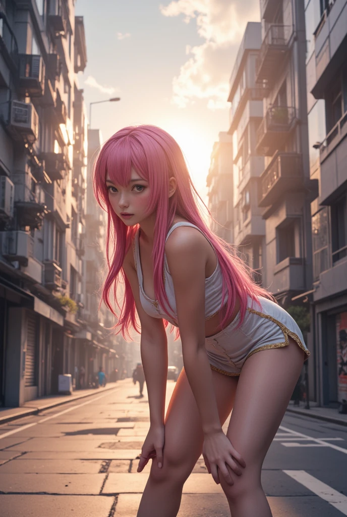 Zero Two Darling en el Franxx, 1 girl, Underboob, Small semi-transparent black lid, rosa erigido , smiling at camera, Pose de conejito, pose sexy, Vista desde abajo, View from behind, Micro mini falda, Vemos su delgado y ajustado, mojado, cabello rosado, she's on a street Light Day Cyberpunk City, 8k, piel real, realystic, HDR, Ultra Resolution, fugas de luz