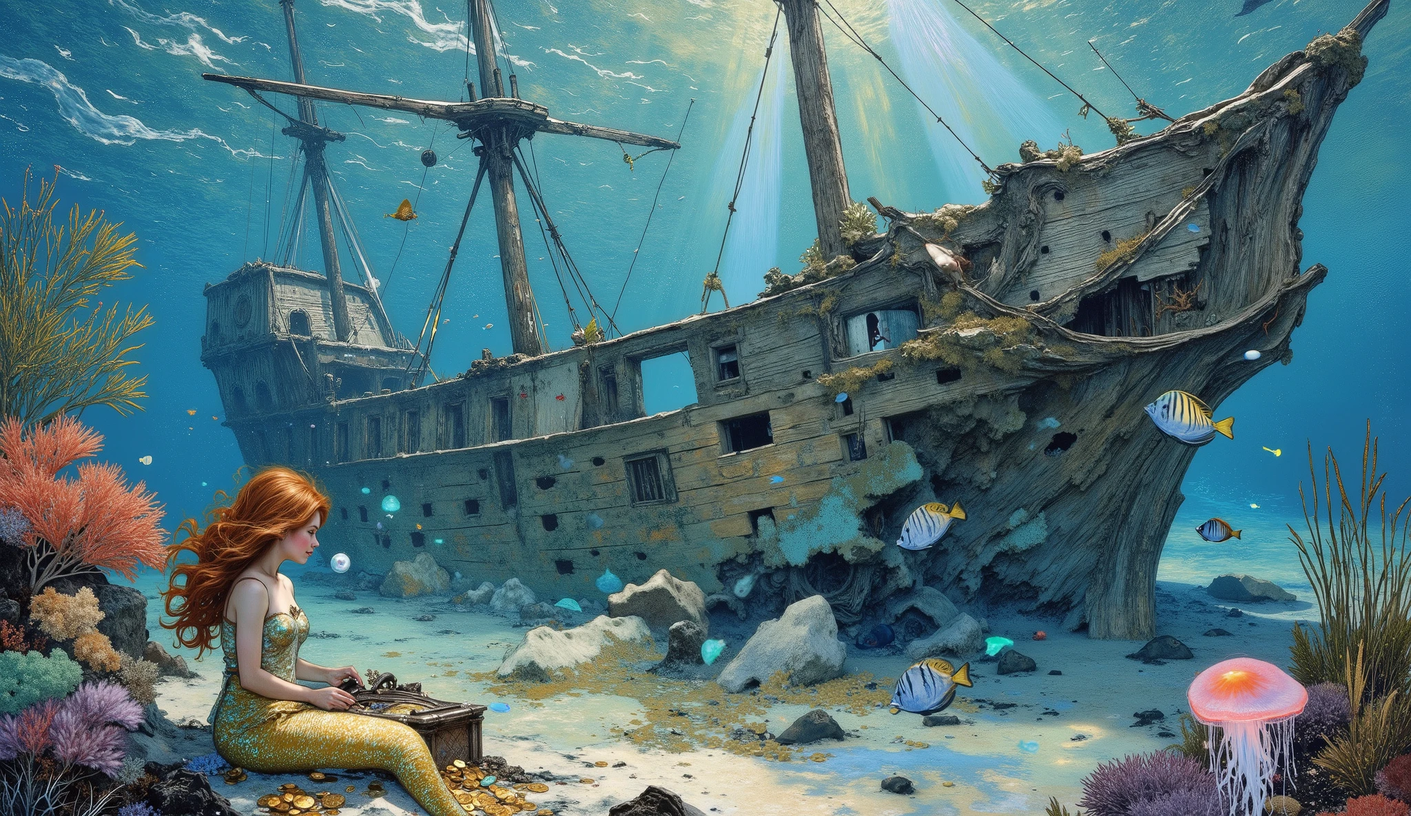 Photorealistic sunken 17th century pirate ship wreckage on ocean floor, shattered hull covered in luminous coral reefs in crimson and teal, treasure chest spilling gold coins and jewels partially visible in sand, magnificent mermaid with opalescent golden tail and flowing auburn hair investigating ship's wheel, her delicate features casting soft shadows, schools of striped angelfish and silver barracuda circling overhead, translucent pink jellyfish with electric blue tendrils pulsing with bioluminescence, dappled sunlight beams cutting through turquoise waters creating dramatic god rays illuminating sea dust particles, rich seafloor ecosystem with swaying seagrass and starfish, detailed underwater scene with realistic water caustics, atmospheric perspective showing distant blue haze, dramatic composition with foreground details and background depth, art by Luis Royo and Alan Lee, hyperrealistic textures showing water erosion on wood, subsurface light scattering effects on translucent marine life, unreal engine 5 render with ray-tracing, 8k ultra definition, dramatic volumetric lighting, perfect composition with rule of thirds, deep ocean color grading, award-winning underwater photography