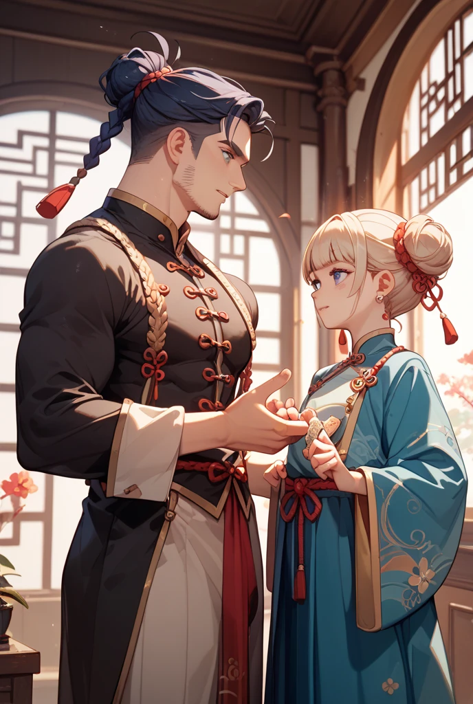 ((Highest quality)), ((masterpiece)), (detailed), (Perfect Face)、The woman is Princess Zelda who married a Chinese man, an ordinary Chinese woman with medium-long blonde hair and an engagement ring.、The woman is dressed in typical Chinese clothing.