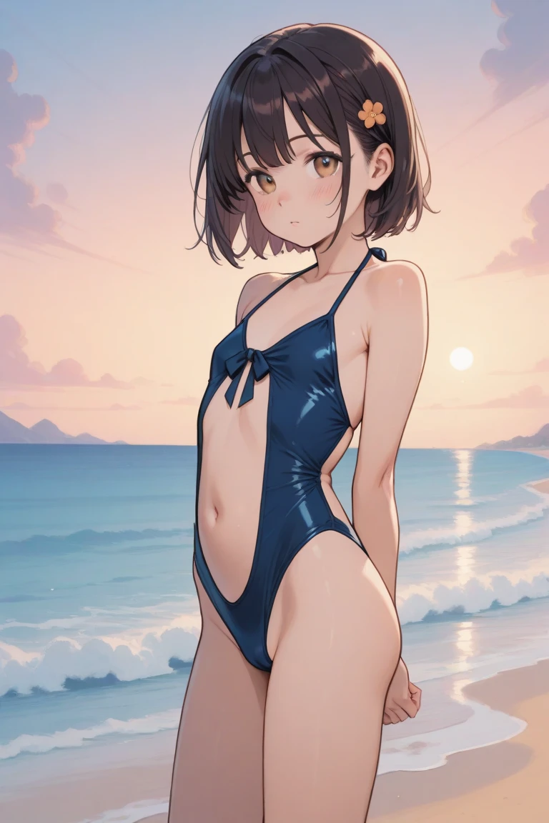 (masterpiece, highest quality, 8K ultra-high resolution:1.4), (tropical, night, beach side, flowers: 1.4), Depth of the bounds written, cinematic focus, from a dramatic angle, Composition of emotional portrait shot BREAK young cute girl, slender body, flat chest, A provocative and loving expression, highly detailed shiny skin, Dark blue one-piece swimsuit, (Wet and shiny detailed swimsuit: 1.2), Wet and shiny thighs, Perfect and beautiful hip line BREAK
(realistic: 1.2), Beautiful bob hair, Wind, detailed in the Wind, petals dancing in the Wind
BREAK
ultra detailed crystal eyes, bright orange eyes