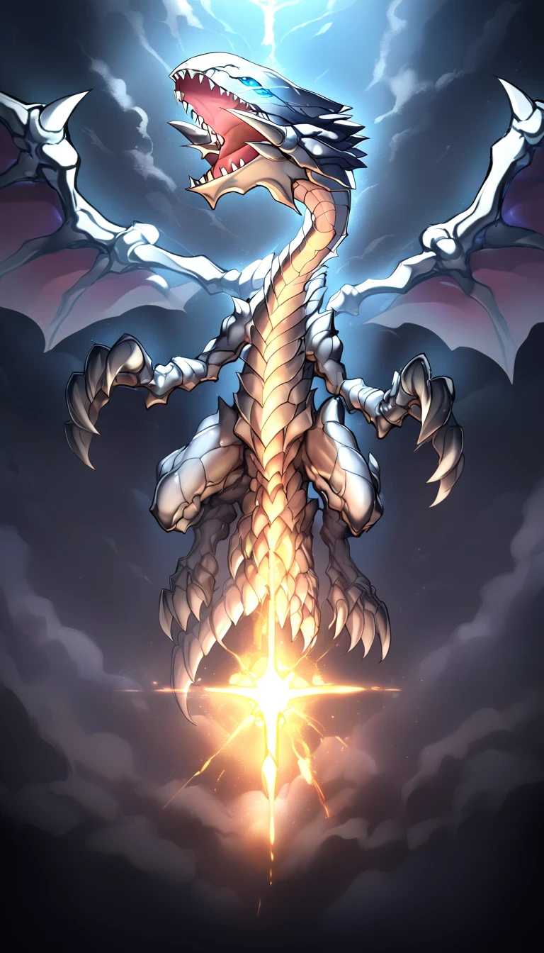 score 9 、score 8 up、score 7 up、High detail、Highest Quality、high resolution、solo、dragon、last boss、no humans、美like、god々like、white scales、blue eyes、(3 heads, three-headed:1.3)、2 tails、full body、glowing eyes、perfect eyes、claws、scales、dragon horns、dragon tail、rough skin、claws、open mouth、 White Clouds 、blue sky、Valley、perfect claws、gigantic dragon、looking down、front pose、dragon wings、spread wings、facing viewer、perfect snout、