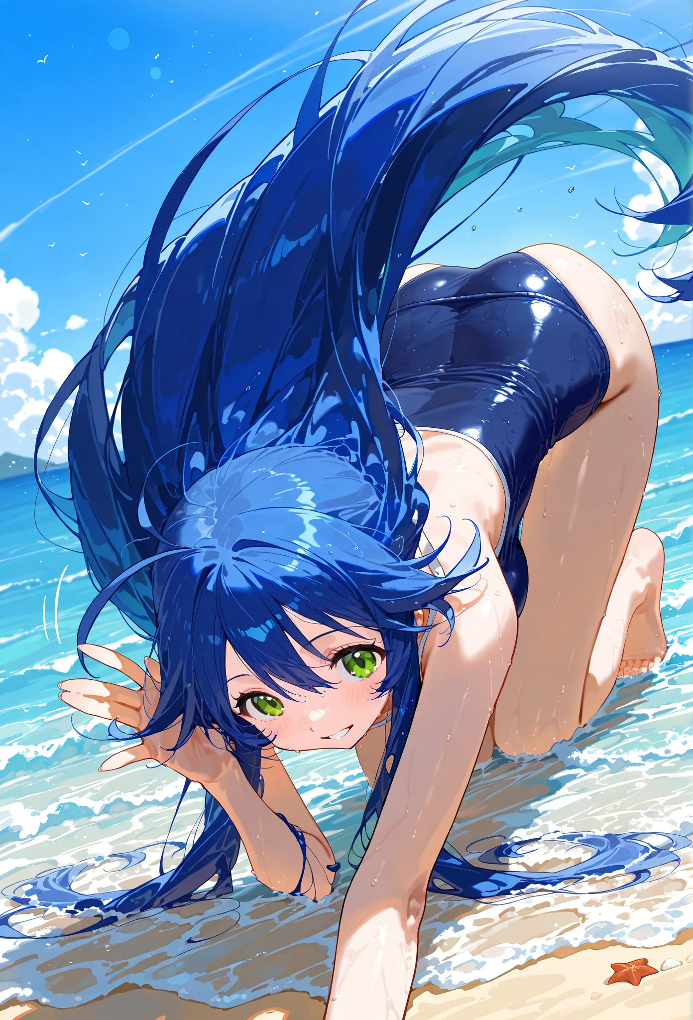 Highest quality、Highest quality、Masterpiece、girl((20-year-old、as soon as、Highest Bust、Medium Bust、Wide open chest、Red glowing eyes、Light Blue Hair、Disheveled Hair、Loincloth、thin、The best valley、Open chest、Full body view、NSFW((Upper body naked、Lower body naked))、See-through、Lying down、Completely naked))、high quality、Beautiful Art、background((Ocean、Wave、beach、Palm tree))、flight、Flying Debris、Depth of text、movie、Visual Arts、Perfect Art、8K、Genuine、Special Angles