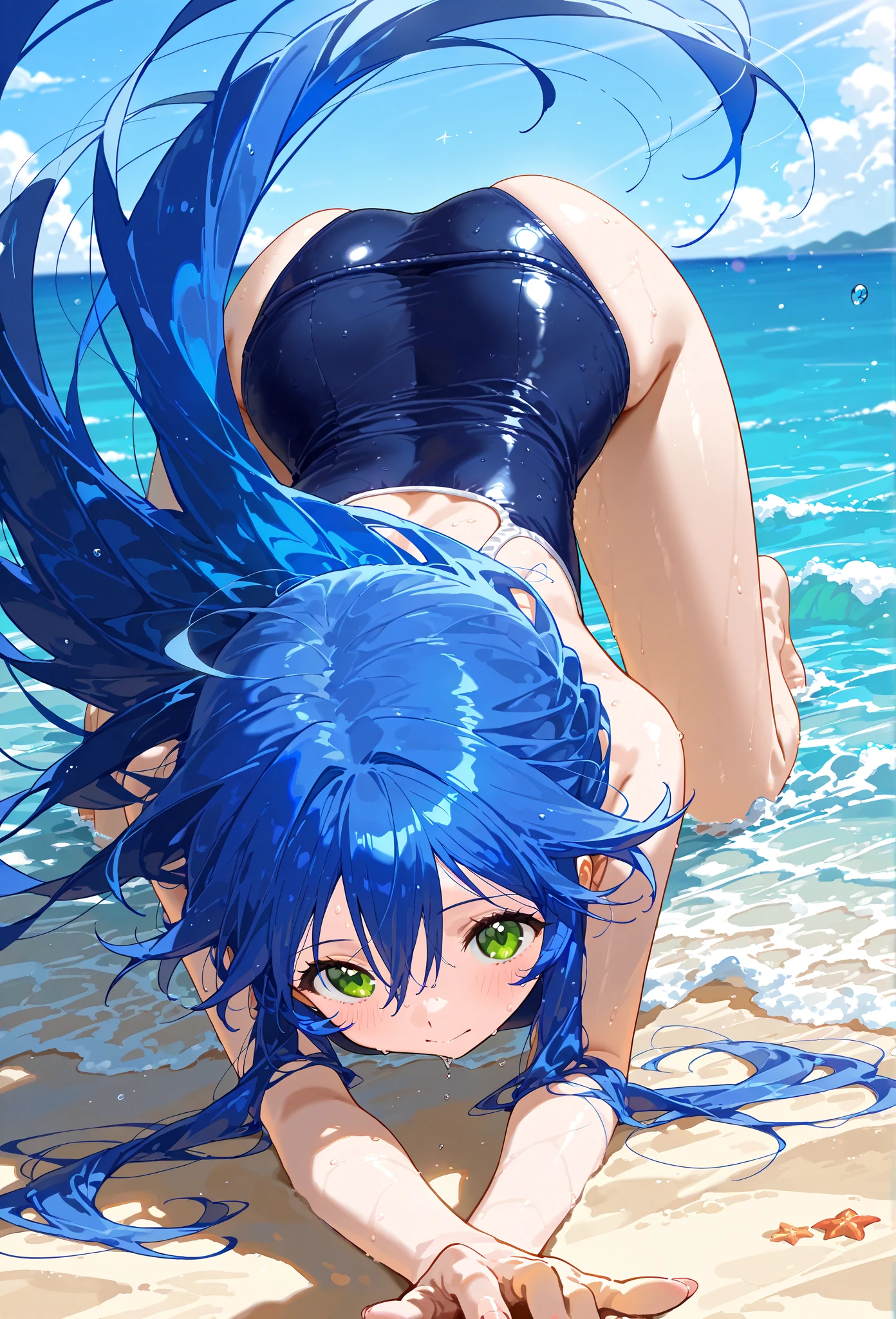 (hight resolution,masutepiece:1.2),Ultra-detailed,(Realistic:1.37), back shot, Slime Girl,covered in blue slime, (partially transparent), (Wet with water), (blue sweat), Slimy blue liquid dripping from her body. Her hair is also covered in blue slime. blue slime scatters, Blue hair, blue eyes