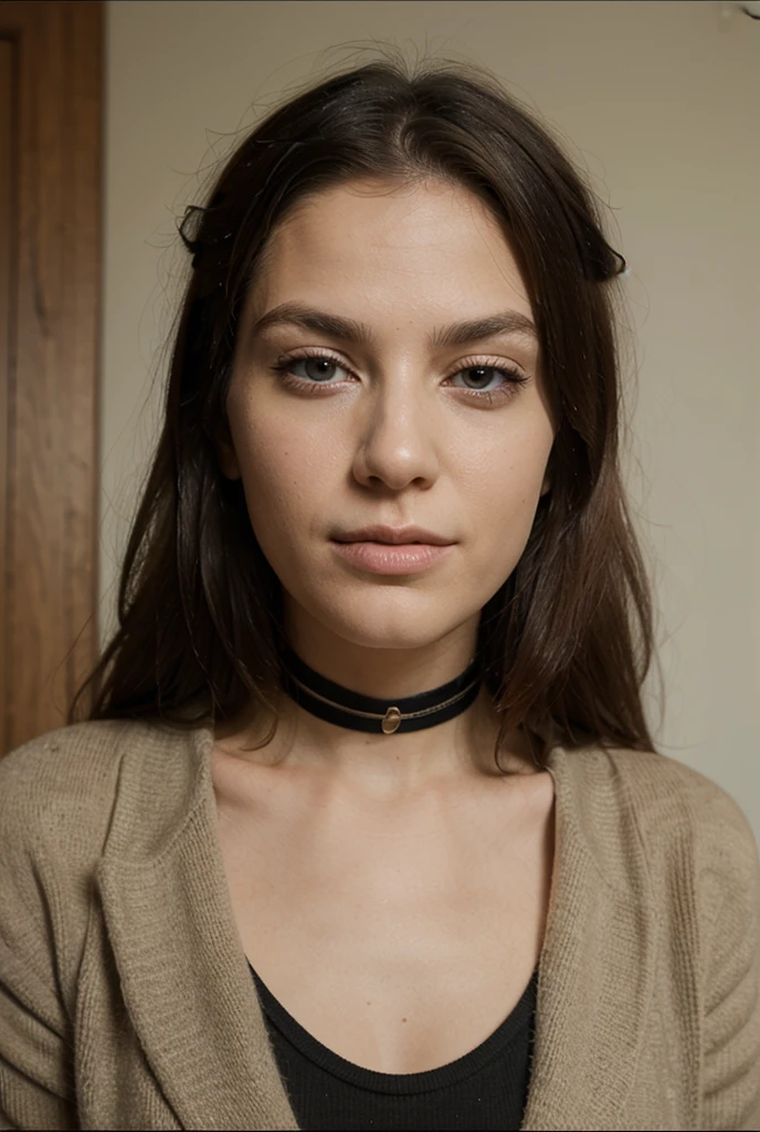 A stunning intricate color close up portrait of (sks woman:1) , wearing choker, epic character composition, sharp focus, natural lighting, subsurface scattering, f2, 35mm, film grain, , by Gregory Crewdson,