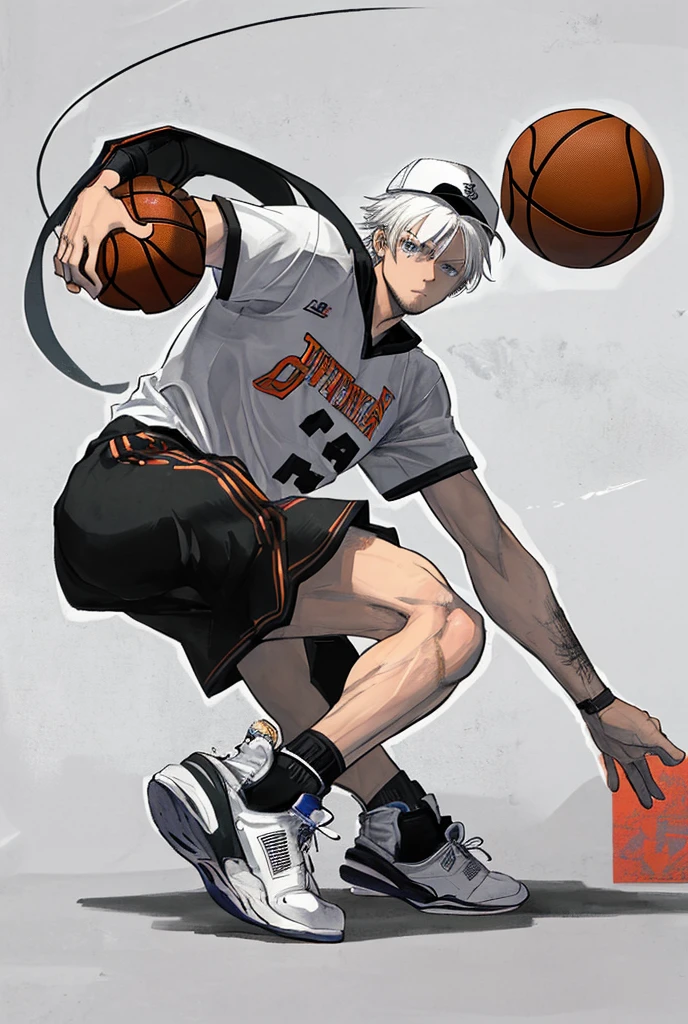 Highest accuracy,Muscular man wearing only basketball shorts,Shirtless,Lower body erection,White socks,Basketball shoes,Lower body details,Thick pubic hair,The handsome face of youth,The expression is shy,Short white hair,The background is a basketball court,The background is rich in detail,Sporty wind