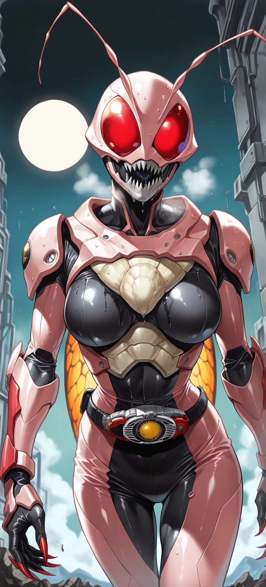 Cartoon photo of woman in green and red costume, hot insect humanoid woman, Guyver style, SFW version, red eye, scaraber reploid, tentacles imitating snake tail, cel shade adult animation, alien queen, serpentine pose, --auto --s2