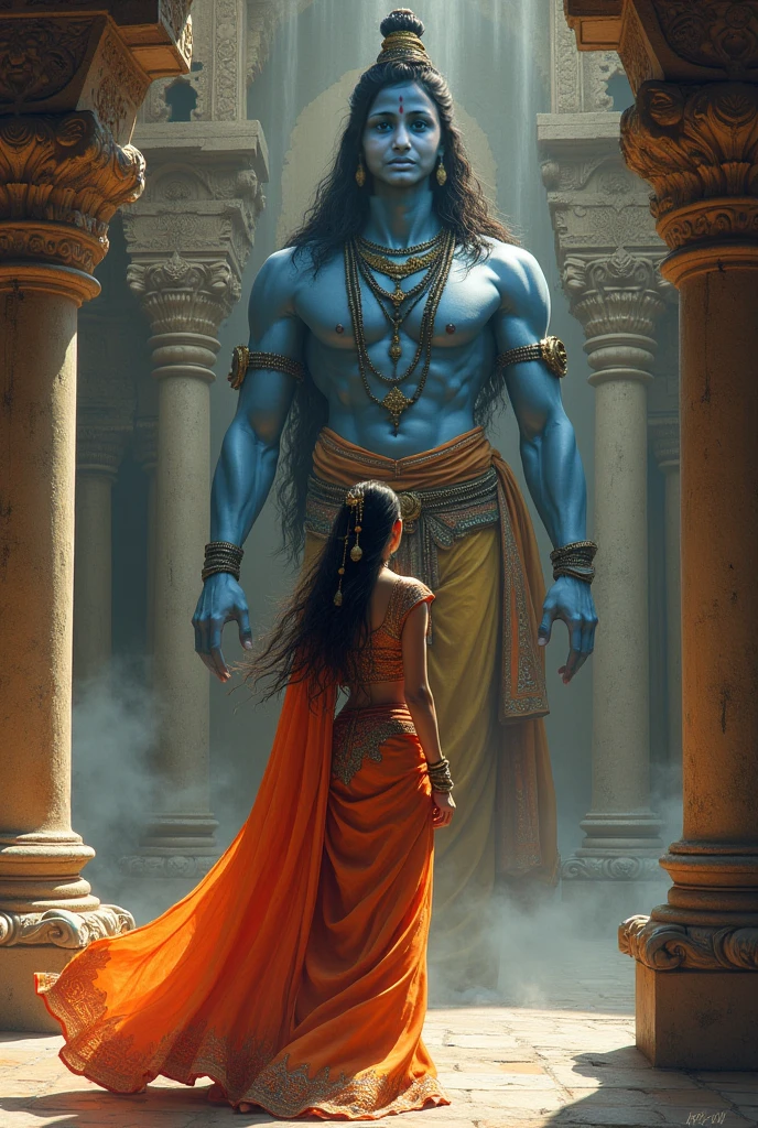As the Hindu god Lord Shiva enters the temple, a woman stops him