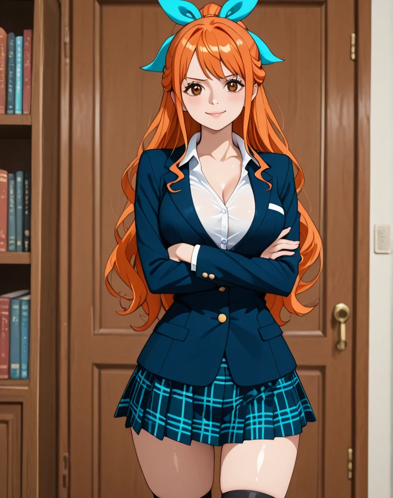 Twintail, red haired, 1girl, grey eyes, well toned, well built, muscled, toned muscles, (masterpiece), best quality, highres, solo, ribbon, white ribbon, hair ribbon, brown jacket, jacket, long sleeves, smiling, indoors, classroom background, standing, looking at the viewer, (ddlc school uniform:1.3), (showing naked pussy:1.3)、 sitting, spread legs unbuttoned uniform, lingerie, visible bra