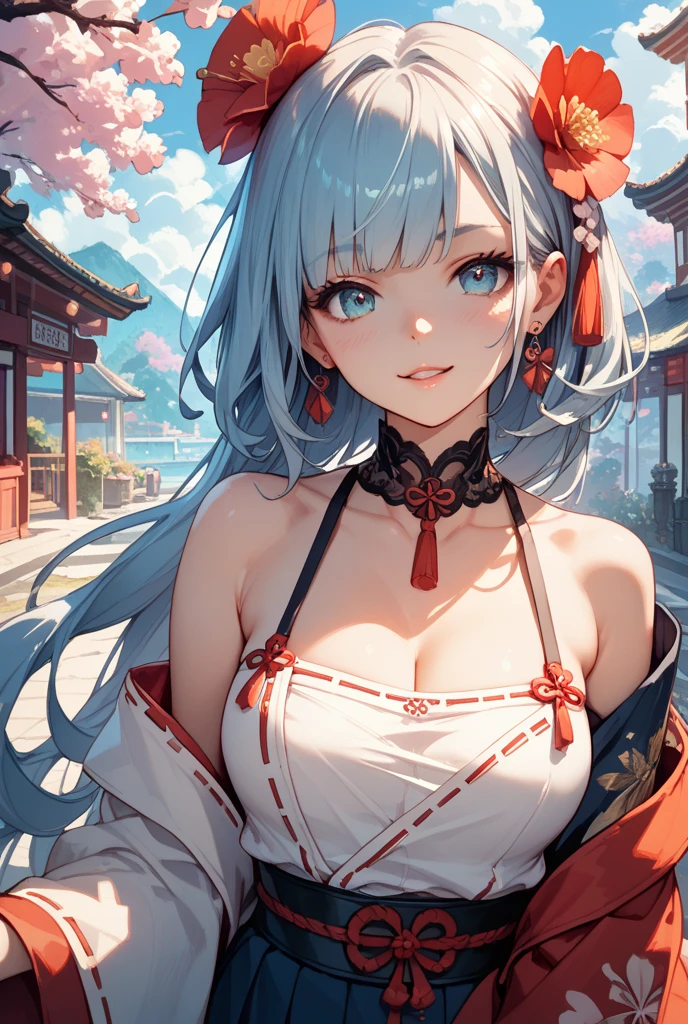 (((Looking away))), ((Look at another one:1)), A woman stands in the pale blue flames of a dark sea mirage, wearing sexy, traditional Japanese costume. she is beautiful and transparent, pale skin, eyes glowing red, and amazing proportions, Sexy body、