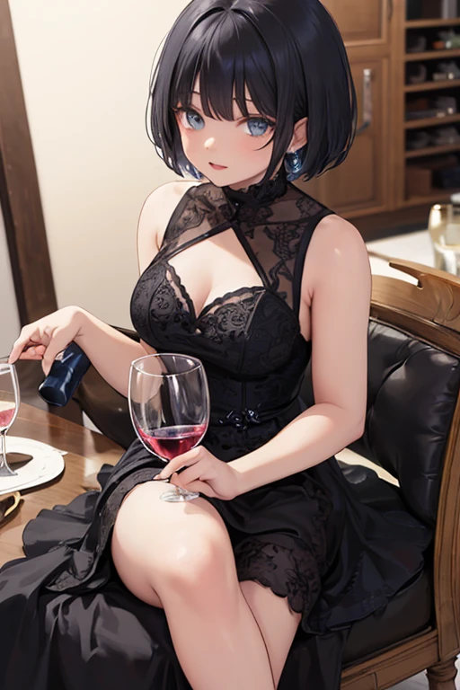 (absurdres, RAW photo, extremely delicate and beautiful, masterpiece, Best Quality, ultra high resolution, 32k, hyperrealistic, ultra-detailed, perfect anatomy, anatomically correct:1.2), perfect figure, Perfect Style, Perfect balance, super Detailed skin, in her 30s, very Slim body, narrow waist, very small head, very small face, delicate facial features, handsome detailed woman, very detailed eyes and face, realistic face proportions, Realistic beautiful face, Realistic beautiful eyes, tearful mole, earring, very huge round tits, (full body shot:1.2), (whole legs:1.2), medium hair, dark blonde hair, asymmetrical hair, indoor, (collared navy button shirt dress:1.2), (sleeveless:1.2),