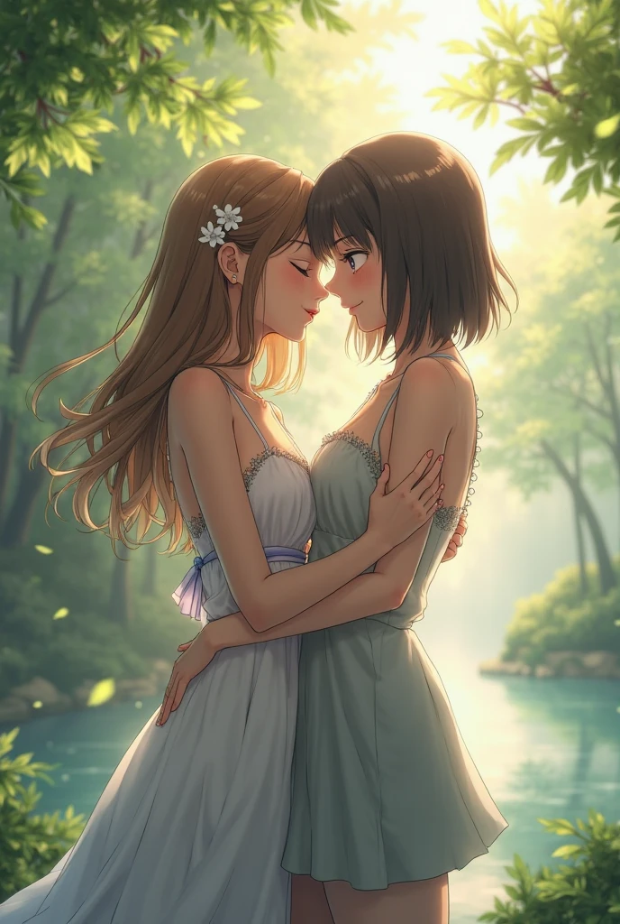 brides in the woods hugging and smiling at each other, bridal veil, lesbian embrace, lesbian kiss, beautiful gemini twins portrait, two beautiful women in love, brown hair in two buns, braids, hugging each other, multiple, kissing each other, portrait of two girls kissing, smiling at each other, conjoined twins, entwined in vines and nature, lesbian, portrait of women embracing