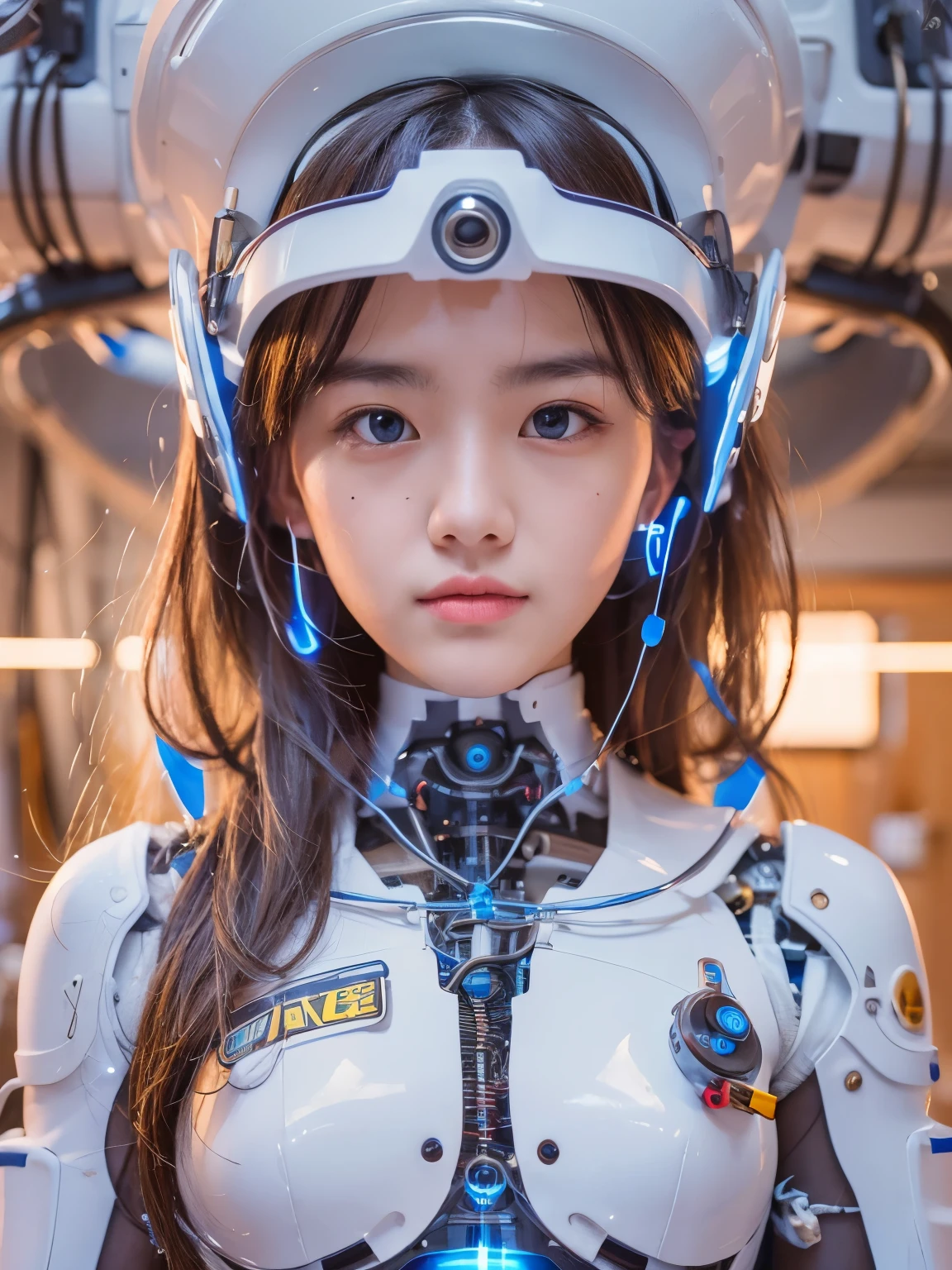 ( Highest Quality , high resolution, masterpiece:1.2), very detailed, realistic:1.37, ( Completed), one girl, cowboy shot , A cute and beautiful 21-year-old Japanese woman, Vertical position ,(Blue LED eyes:1.4),, beautiful skin, super cute face , Detailed Facial Features, Complex Hair, headbrace with many cables, ( The body of a cyborg made of futuristic precision machines made of milky white translucent artificial skin is clearly visible.:1.2),(detailed electronic circuits inside are clearly visible:1.1),( electronic circuits are shining in the body ),( with lots of cables running through her body ), Pay attention to costume details , Metal Necklaces , Seductive makeup pictures , silver hair short , Cyberpunk, cybernetic,( Background、It's inside the cyborg remodeled operating room ...).