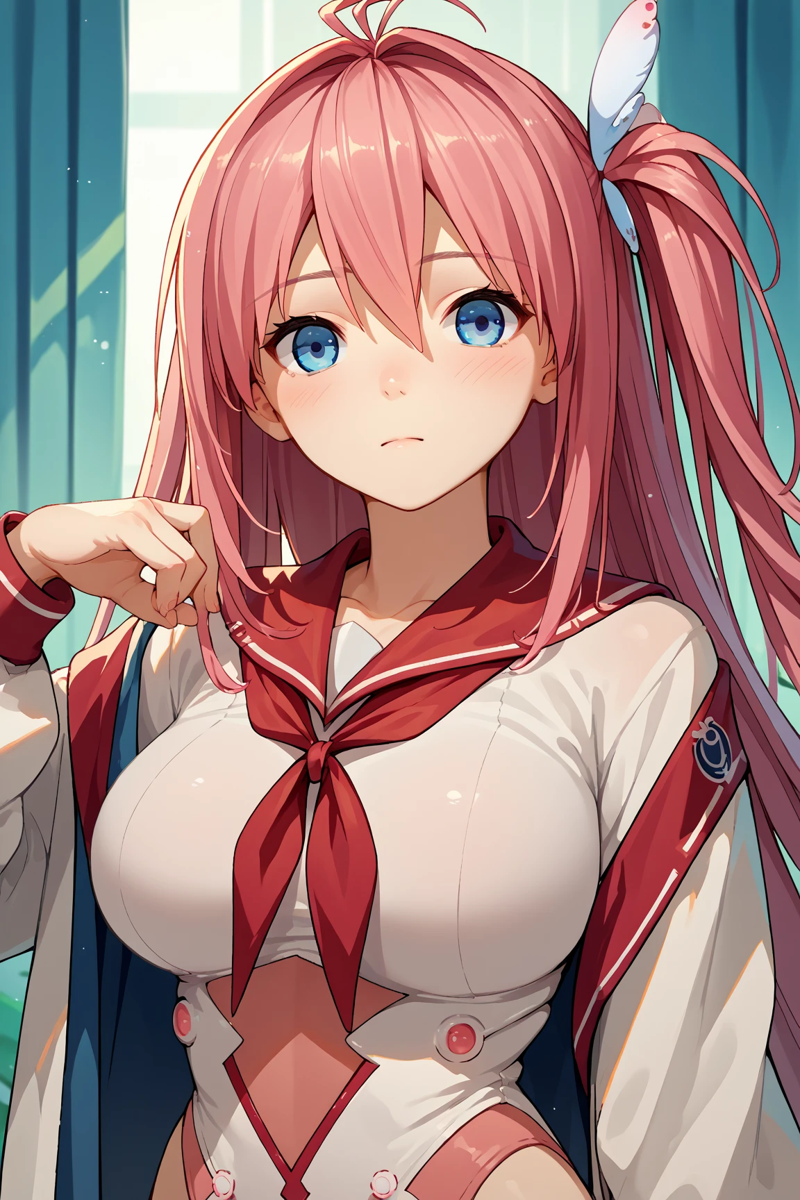 (Highest quality、Masterpiece、Very detailed、4K)、One Woman、high school student、very cute、18-year-old、Large Breasts、Thighs、Pink long hair、Star shaped hair clip、(((Nakano May)))