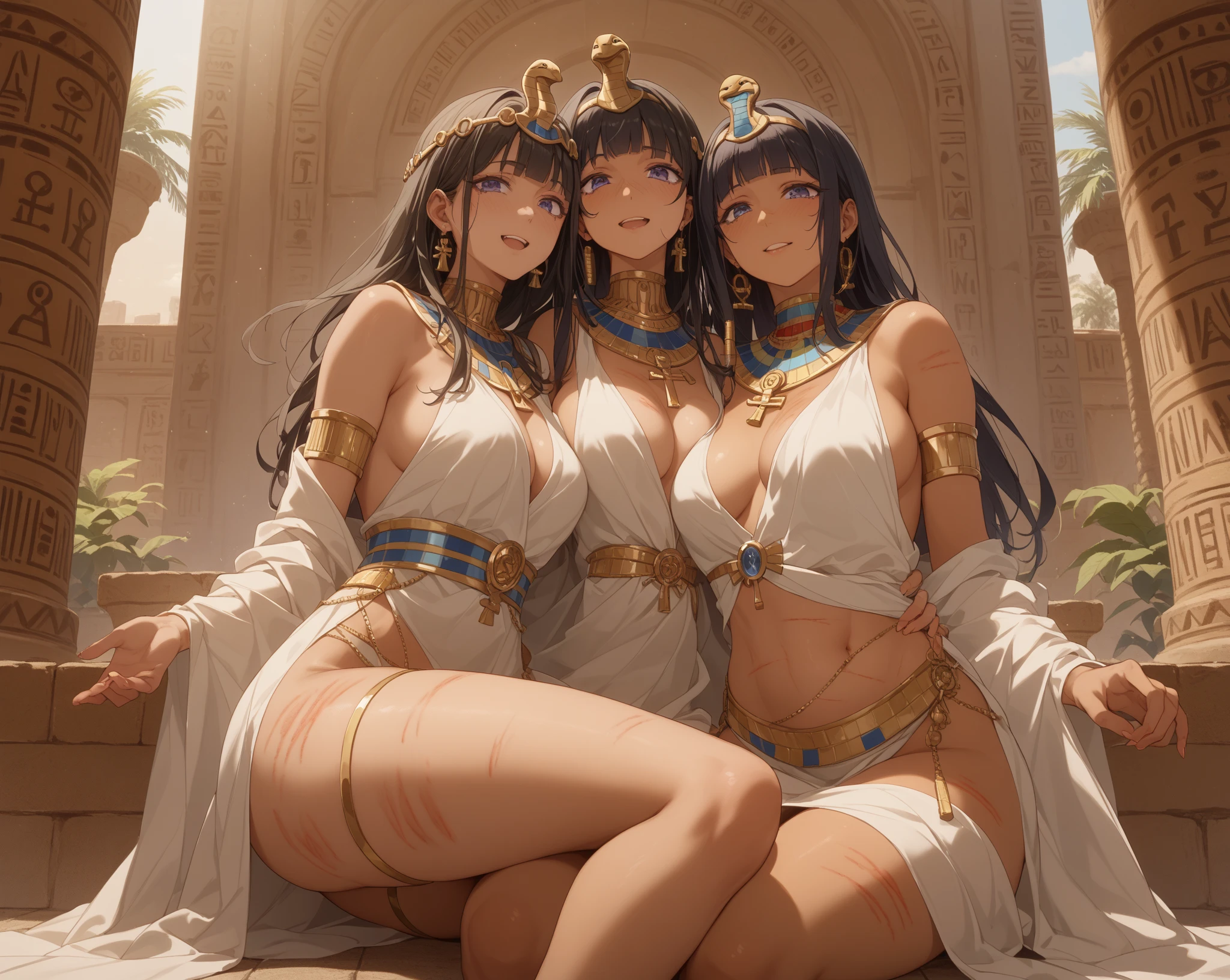 realisticlying、Ancient Egypt、Cleopatra style two girls close to each other breasts、Clothing in the time of the pharaohs、Put a little emphasis on the valley、Face Real、A sexy、Face smile、Breasts enlarged