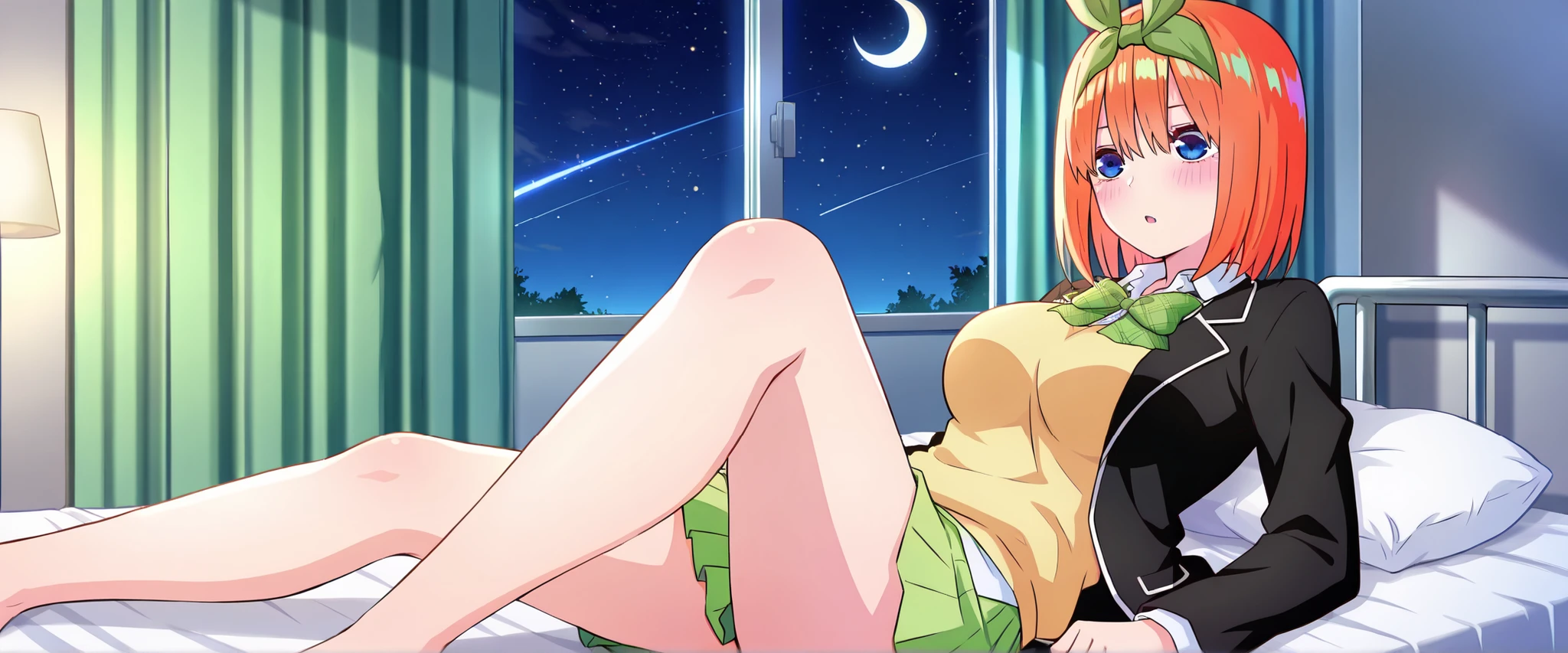 1girl,unwellness sickness nakano yotsuba, large breasts, orange hair, blue eyes, short hair, hair between eyes green bow hairband, black blazer, open blazer, yellow sweater vest, white collared shirt, bowtie, plaid bowtie, green skirt, pleated skirt,knee up,Infirmary,bed,screen,lie down on a futon,crescent moon, star (sky), dark room, night sky,
