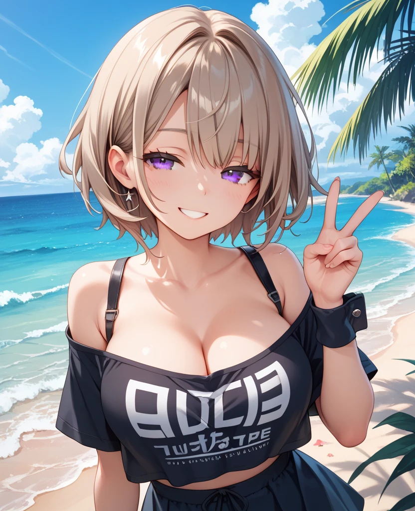 Anime illustration、highest quality、A short and plump high school girl、Sporty T-shirt、hot pants、Sandy Beach、Perfect proportions、overwhelmingly big breasts、Beautiful, shining eyes、Blushed、smile、Cowboy Shot