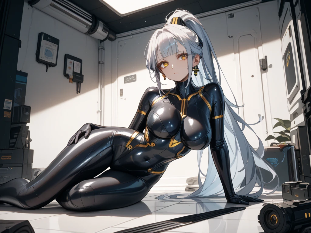 masutepiece, Best Quality, 1girl in, Translucent skin, Blue bodysuit, Mechanical, Cowboy Shot, spaces, Sitting, From  above, Large breasts, bones