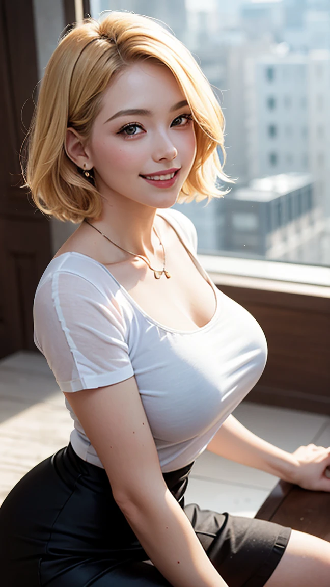(8K, 超A high resolution, Best Quality, masutepiece:1.2),(18year old:1.2)、(huge smile)、(Look away)、8K、RAW portrait of japanese girl、Photorealsitic、超A high resolution、top-quality、 (huge-breasted、Close all buttons on the shirt:1.3),(student clothes、Pure White Cutter Shirt、Pleated mini-skirt:1.5)、(Put your hands behind your head、Show the armpits:1.2)、(Inside a convenience store:1.2) BREAK (Natural Skin Texture、Detailed skin、Hyper-Realism、ultra sharpness)、intricate detailes、depth of fields、Japan idol system、hposing Gravure Idol、Gal、爆乳、Blonde short bob、(Large thigh opening:1.2)、voluptuous breasts、big eye、Thin makeup、bangss、Eye lashes、Crisp double、cheerful look、Dainty schoolgirl、Pure White Cutter Shirt、(Squat、Crotch indirect:1.58)、(Put a white shirt inside the skirt:1.73)、Show the armpits、Plaid pleated skirt、Black loafers、Black stockings、(Flashy ultra-fine T-back with small area:1.5)、portlate、Perfect Angle Pro Quality High Resolution Perfect Contrast Perfect Lighting Perfect Composition Perfect Wife Perfect Skin Perfect Hands Perfect Fingers Perfect Chest Perfect Hair Perfect Face Realistic Facial Feature Masterpiece