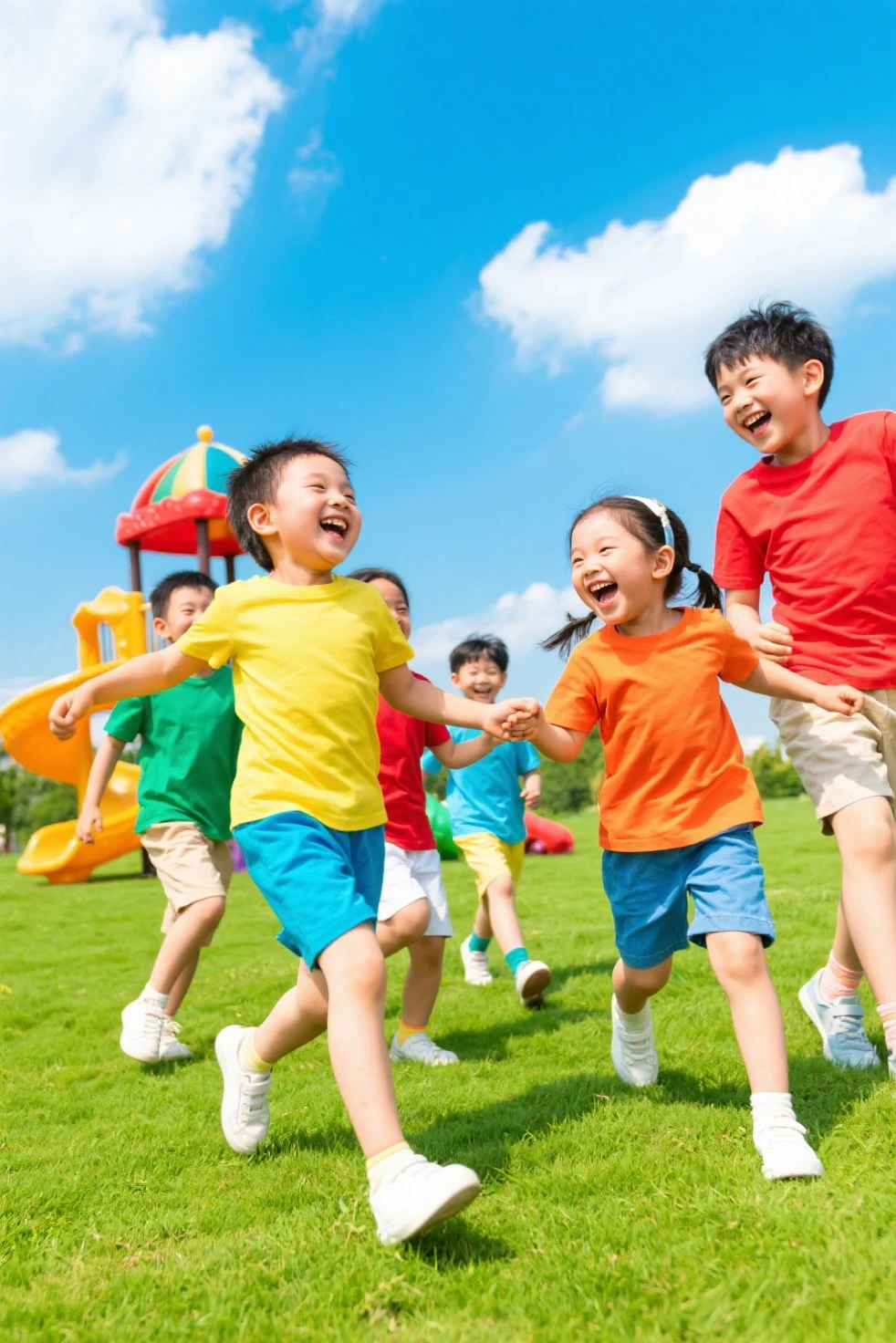 ((best quality)), ((masterpiece)), (detailed), spring,Three children running happily on the grass,profile,boy,girl,Onohana,green grass,daytime,bright,sunny,Kite,Rich details,real photography,Nikon full frame 80MM,depth of field,pixel perfect,high quality,HD