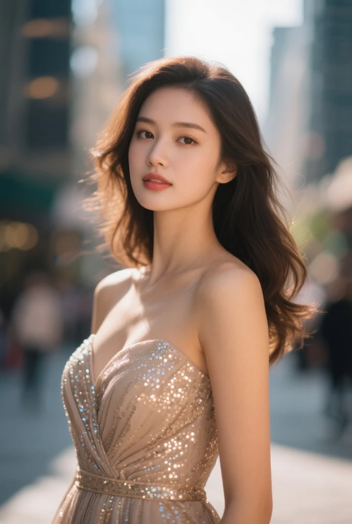 ((Best quality, 8k, Masterpiece :1.3)), 1girl, smiling, full body, slim face, Pretty woman, (Dark brown hair), full length dress :1.1, Ultra-detailed face, Detailed eyes, Double eyelid, blur background, slim face, city, outside, street,