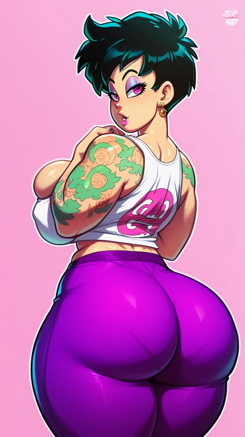 chichi_dbz, pixelart, pixel art, red bimbo lips, beautiful eyes, in home, doing squats, spread legs apart, perfect round ass, training glutes, purple eyes, standing, solo, (wearing white tanktop), (wearing grey sweatpants), (modest clothing), large breasts, massive , cleavage, black thong, nipples, 2nipples, wet body, sweaty body, masterpiece, best quality, detailed face, detailed eyes, highres, big breasts, biggest behind, areola, big ass, thick thighs, wide hips, (black tight_thong), showing ass, perfect body, perfect clothing, perfect anatomy, (doing squats), fully clothed,
