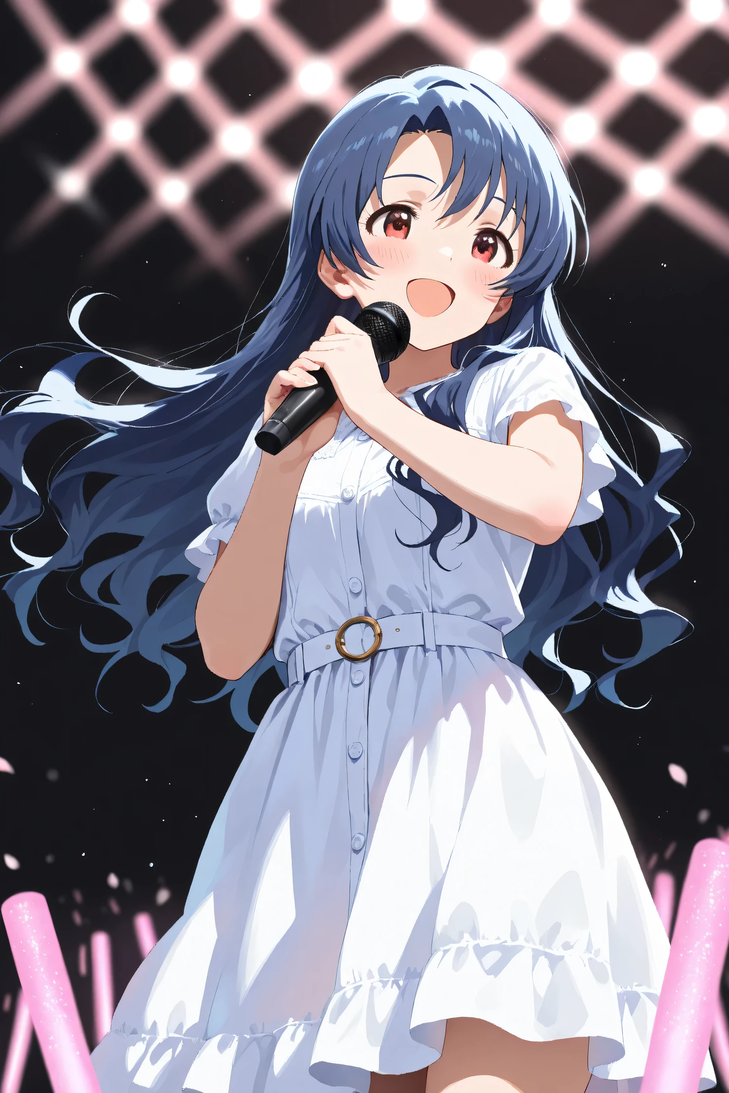 (Masterpiece), (Highest quality), (Very detailed),
(The best shape), (Best Shadow), (Absurd),
(Detailed background), (So beautiful), Shiny ,
Extraordinary, Countershading, 8k, 32K, High resolution,
Very Detailed CG, UHD,
Score_9, Score_8_up, Score_7_up, Source_anime,
(Pastel painting:1.2), (Watercolor painting:1.2),
(Masterpiece, Detailed:1.2), (Foreshortening:1.2),
Cinematic, Dramatic, (Depth of field:1.4),
(Blurry background:1.4),
Dynamic angle, 1 girl,
simple background, black background,
idol live,
pink glowsticks, pink lights,
Takayama Sayoko,
The idolmaster million live!,
blue hair, long hair, red eyes,
(Casual wear:1.3),
(White dress:1.2),
Cordless Microphone,
cowboy shot, Focus on face, close up shot,
(Blush:1.3), happy, smile, singing,
Realistic skin, Shiny skin,